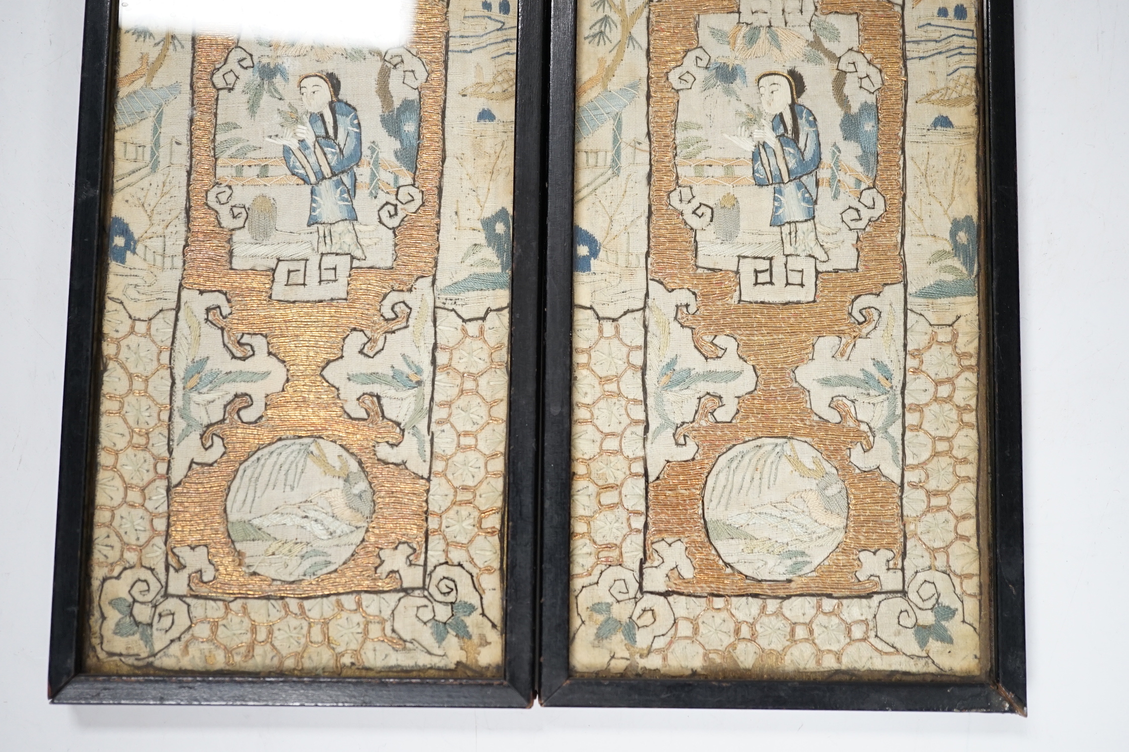 A pair of framed Chinese needlework pictures, 25.5 x 10.5cm